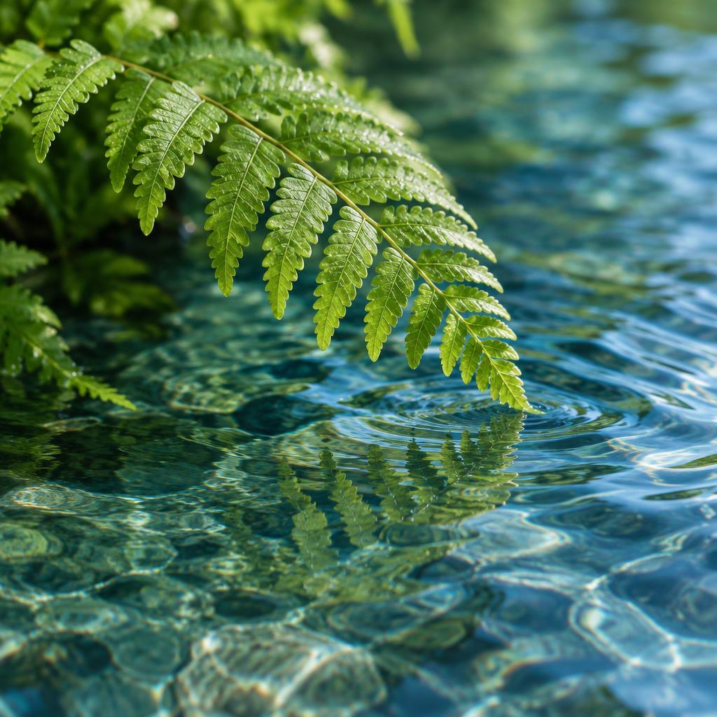 A delicate fern frond above clear rippling water