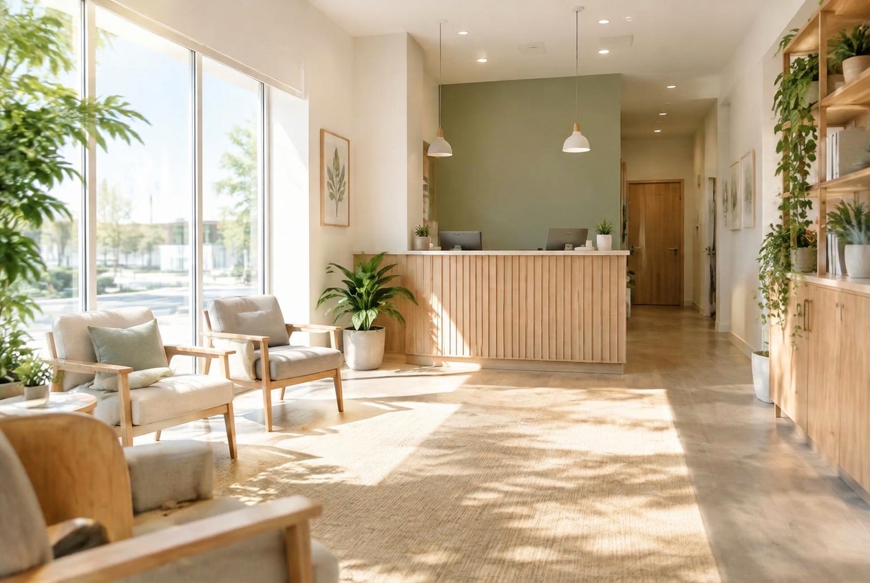 Illustrative photograph of a bright clinic waiting room